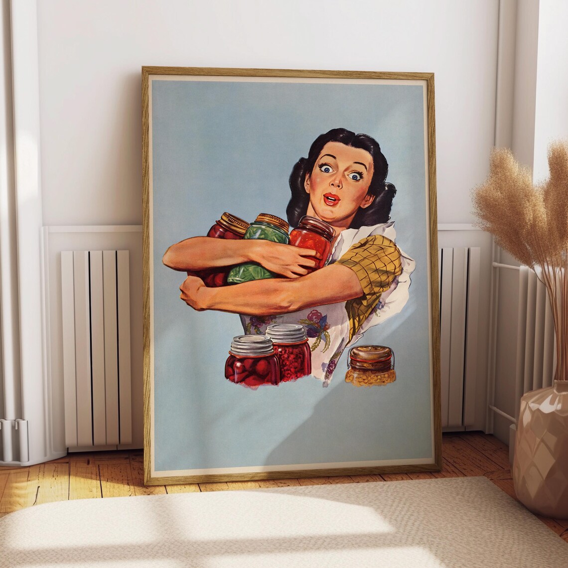 Vintage Kitchen Poster Retro Pin Up Woman Holding Jars of Preserves