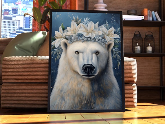 Maximalist Polar Bear Poster Floral Animal Print Wall Art Portrait Vintage Funky Colourful