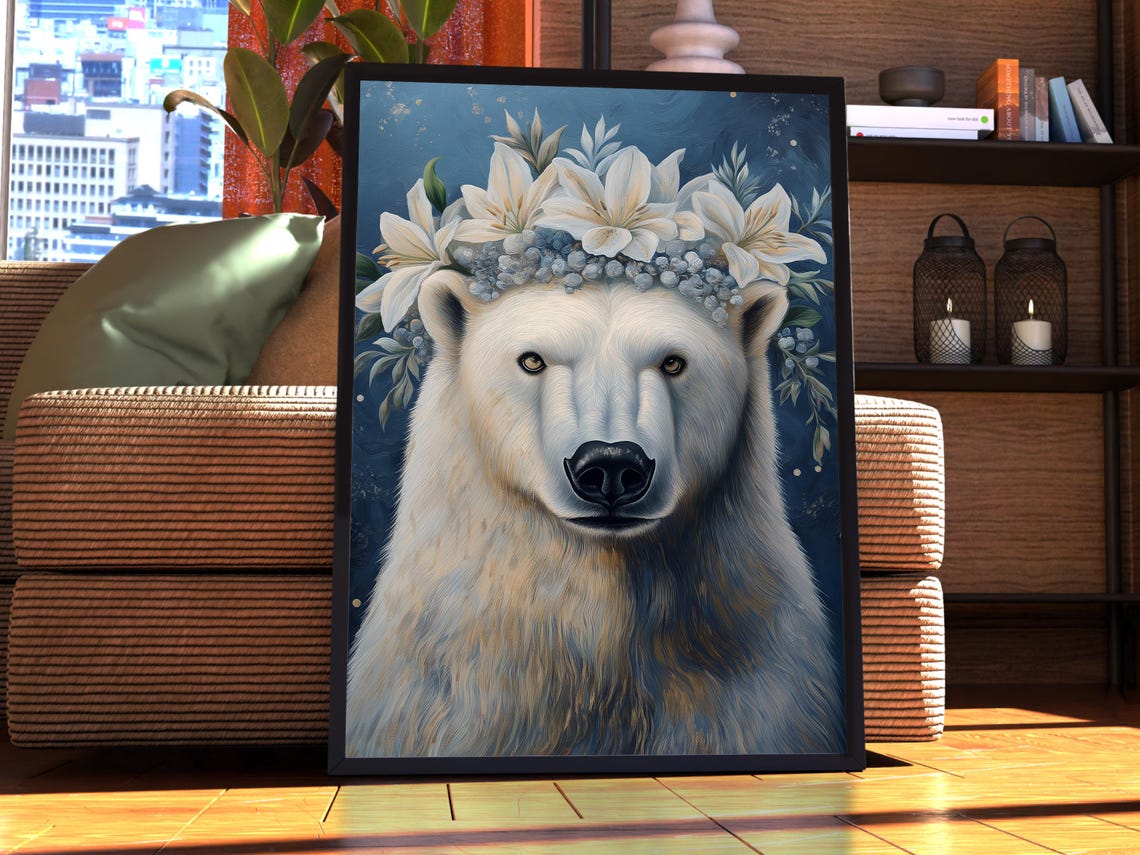 Polar Bear Wearing White Lily Flower Crown Arctic Portrait Poster