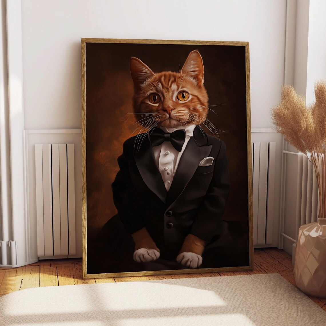 Orange Tabby Cat in a Black Tuxedo with Bow Tie Regal Oil Painting Style Print
