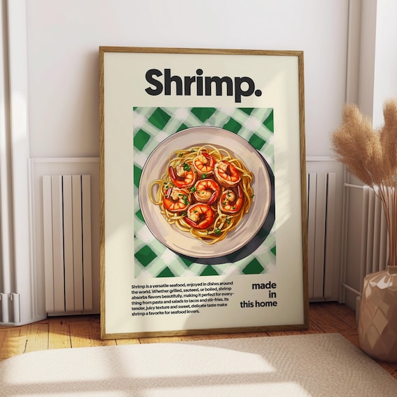 Shrimp Pasta Seafood Dinner Food Illustration Kitchen Art Poster