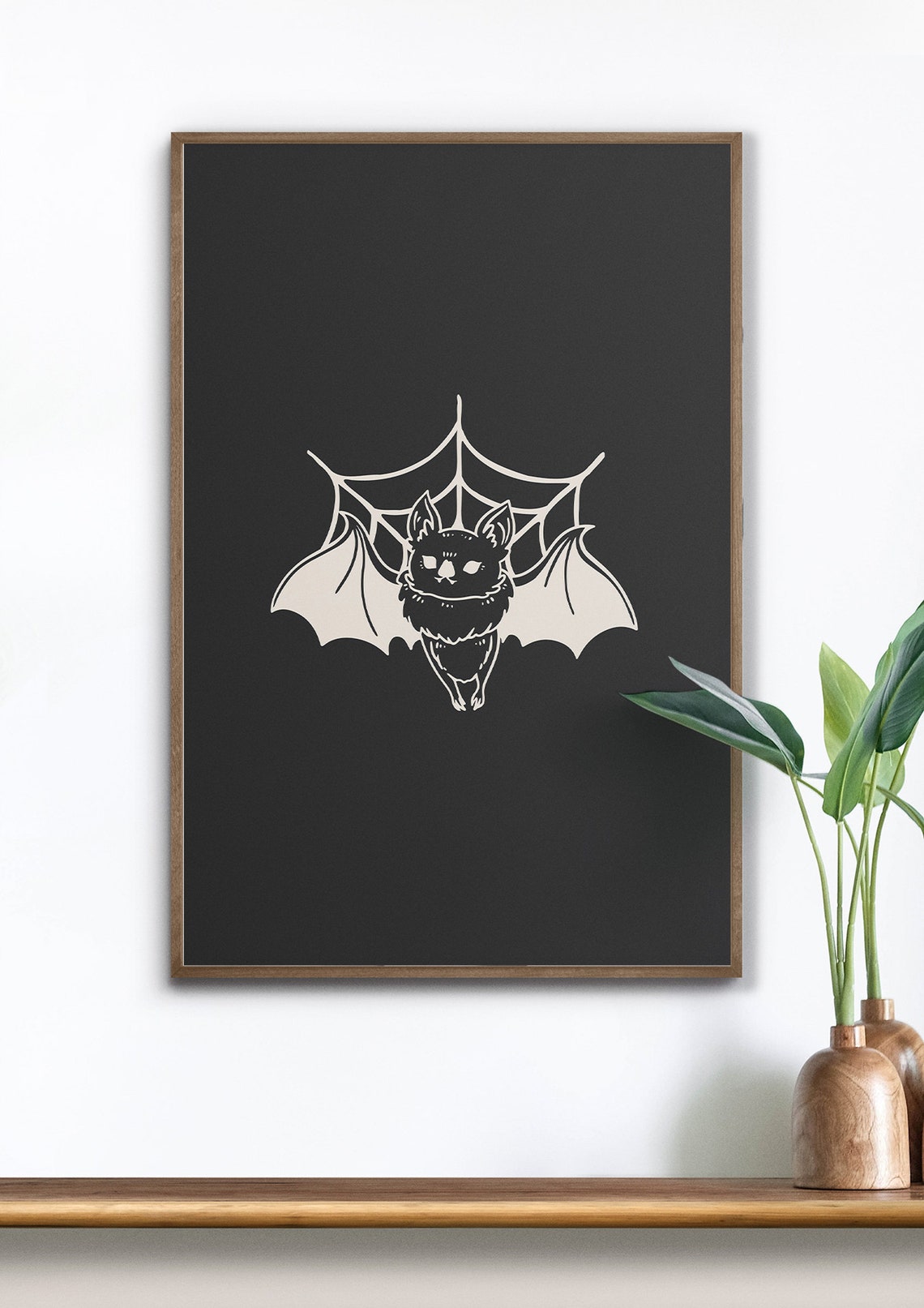 Cute Bat Resting on Spiderweb Monochrome Halloween Art Wall Poster - Image 5
