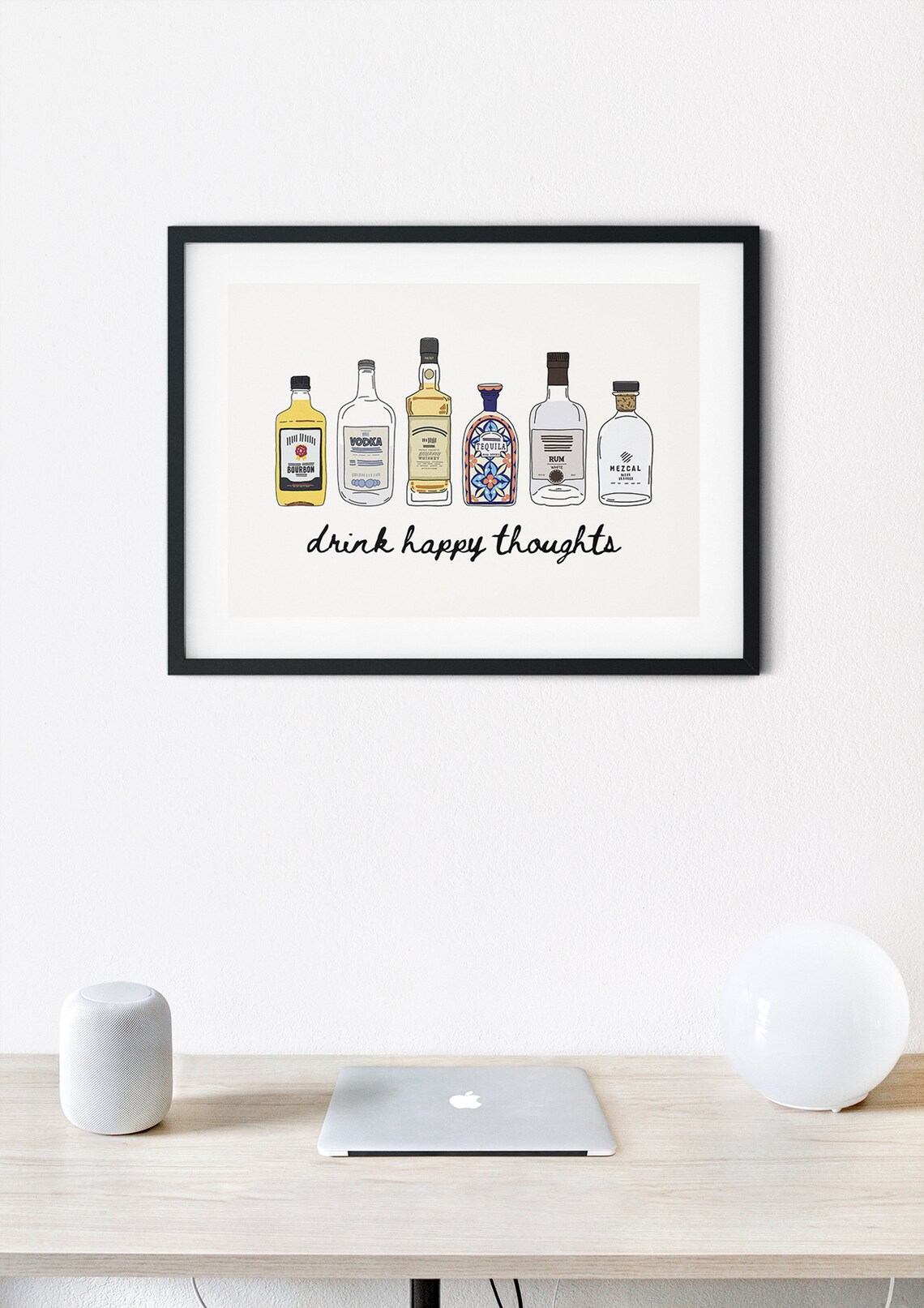 Drink Happy Thoughts Liquor Bottle Lineup Bar Cart Art Poster - Image 2