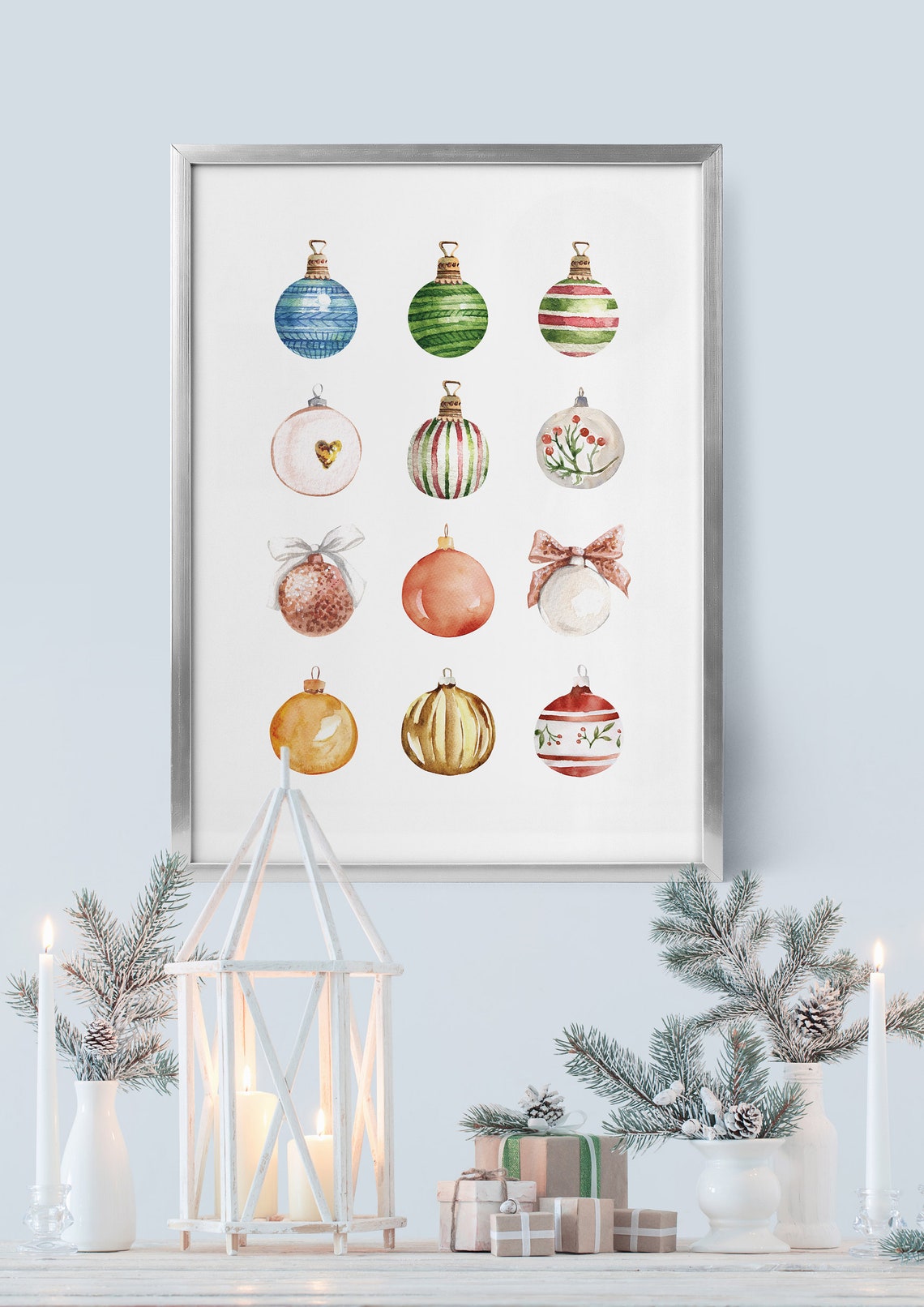 Watercolor Christmas Ornaments Baubles Grid Festive Style Poster - Image 5