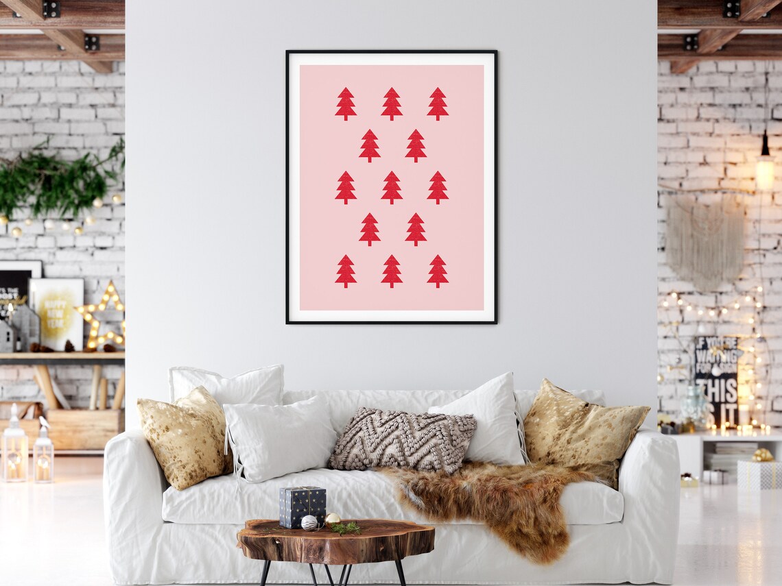 Pink Christmas Red Tree Pattern Scandinavian Minimalist Holiday Poster - Image 4
