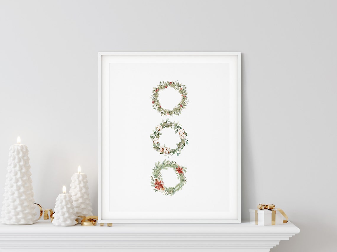 Watercolor Christmas Wreath Trio Botanical Holiday Wall Poster - Image 5