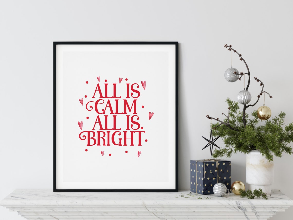 All Is Calm All Is Bright Red Heart Christmas Typography Poster - Image 5