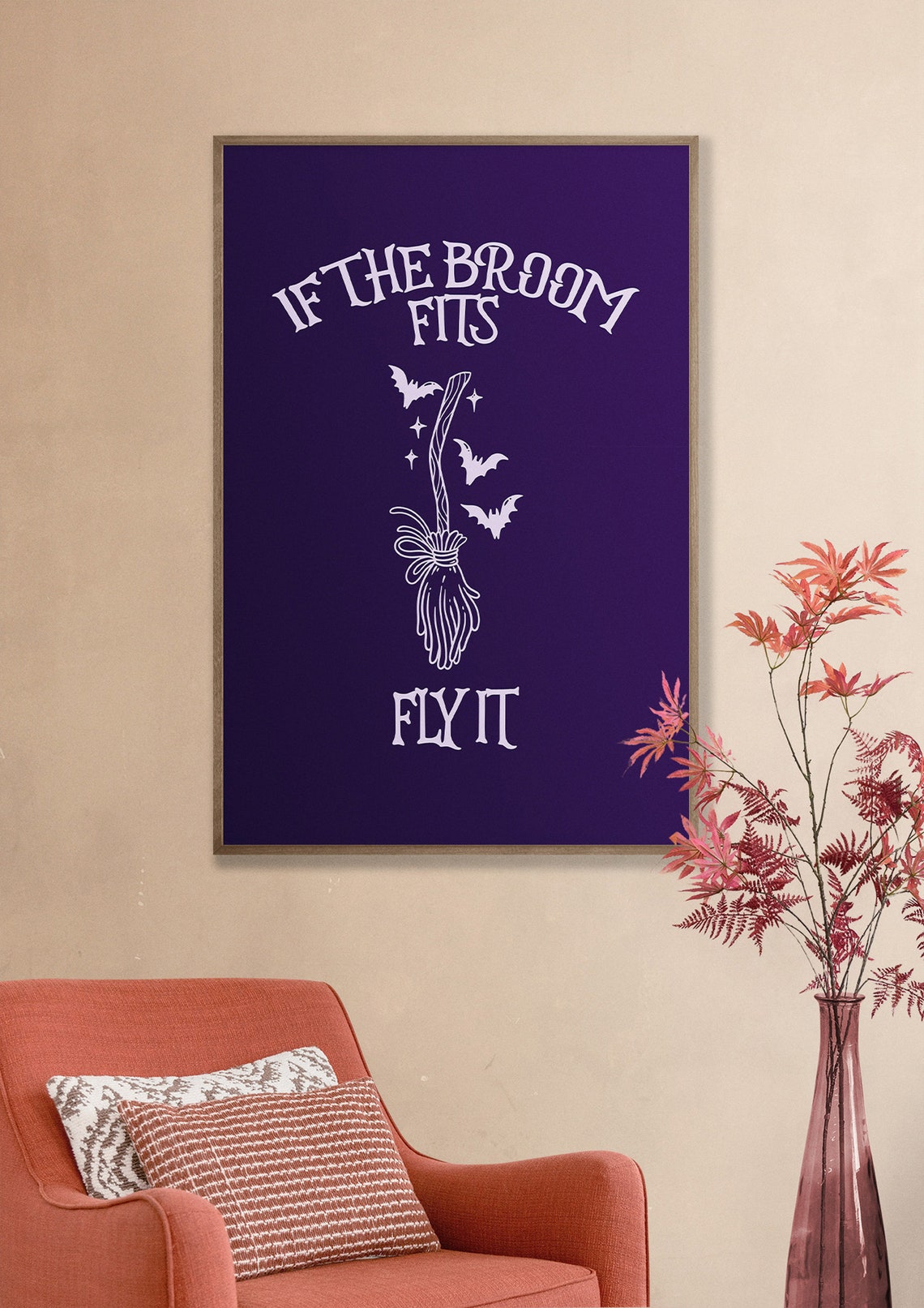 If The Broom Fits Fly It Halloween Print Witchy Broom Bats Wall Decor - Image 3
