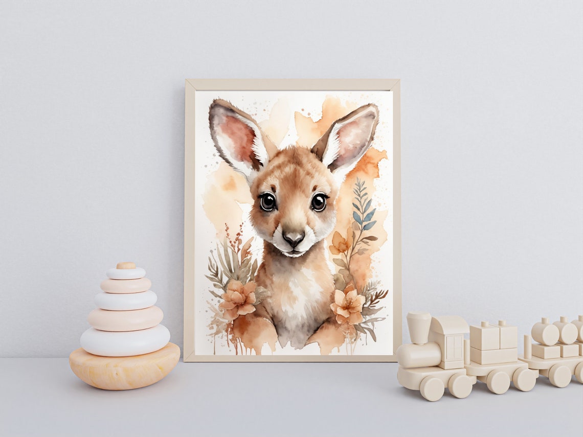 Cute Baby Kangaroo Floral Watercolor Nursery Animal Art Poster - Image 2