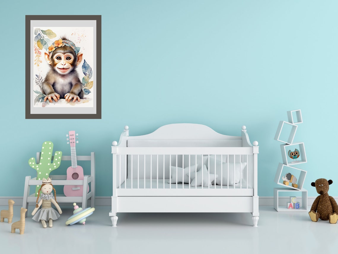 Smiling Baby Monkey Floral Headband Watercolor Nursery Art Poster - Image 2