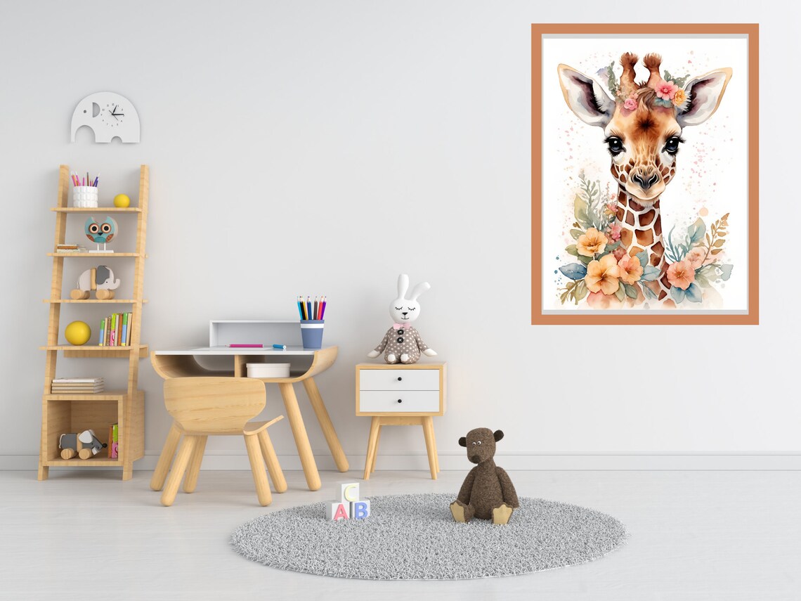 Baby Giraffe Flower Crown Watercolor Nursery Animal Art Poster - Image 3