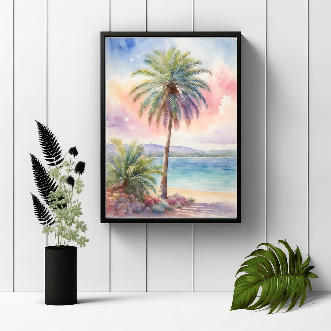 Tropical Palm Tree Beach Sunset Island Watercolor Art Poster - Image 2