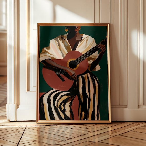 Afrocentric Guitar Wall Art, Black Woman Music