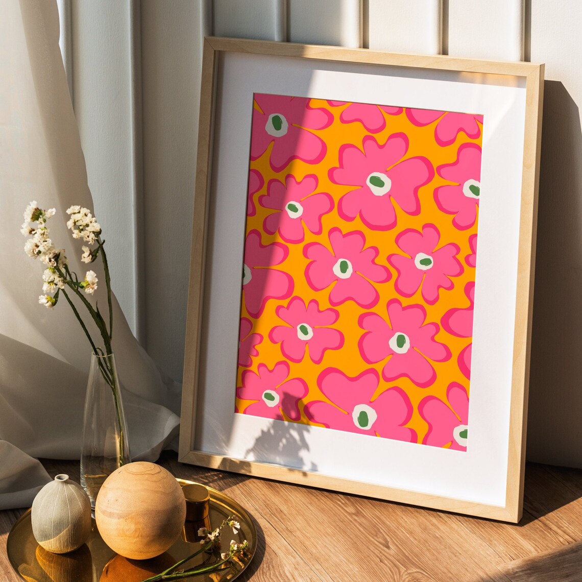 Funky Wavy Flowers Art Print, Yellow Hot Pink Floral - Image 5