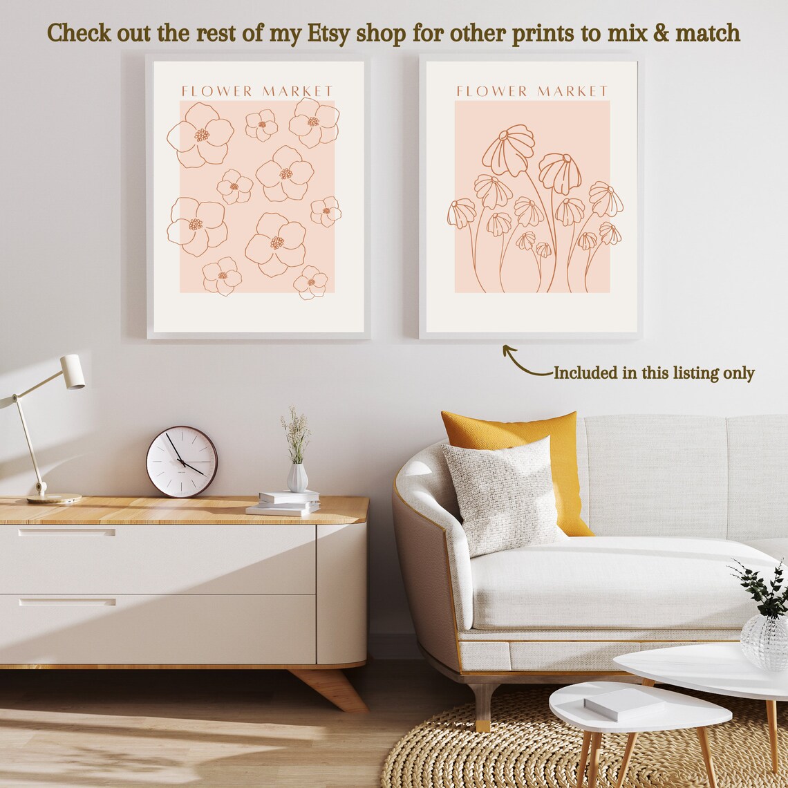 Peachy Pink Flower Market Art Print, Neutral Boho - Image 3