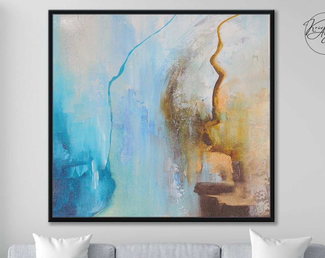 Teal Blue Gold Warm Abstract Flowing Wave Lines Art Wall Print
