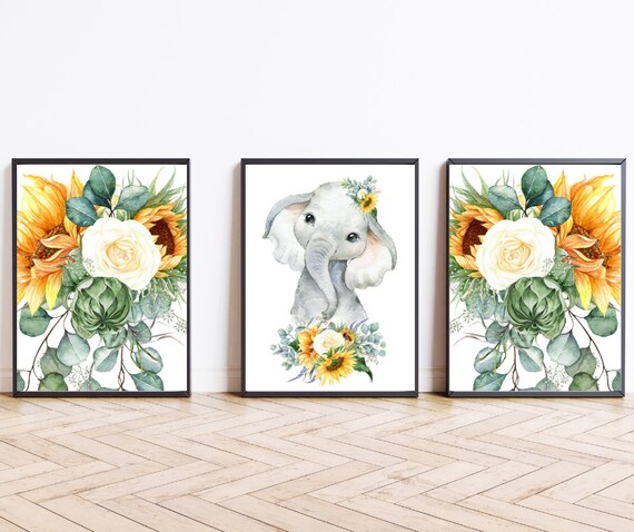 Baby Elephant Nursery Watercolor Sunflower Floral Set of 3 Poster