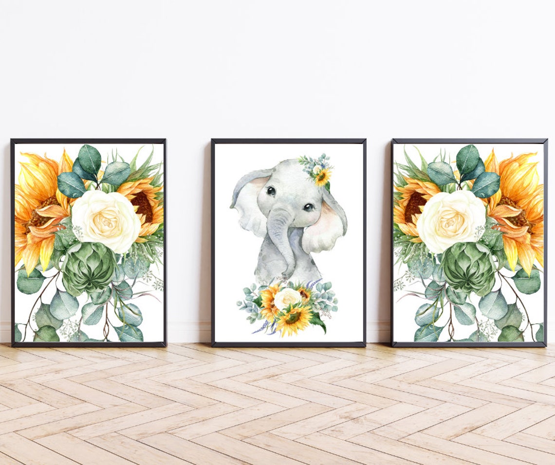 Baby Elephant Nursery Watercolor Sunflower Floral Set of 3 Poster