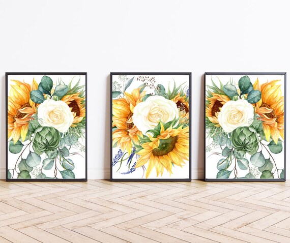Sunflower White Rose Bouquet Watercolor Summer Set of 3 Poster
