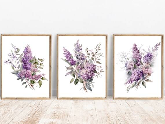 Purple Lilac Bouquet Watercolor Spring Floral Set of 3 Poster
