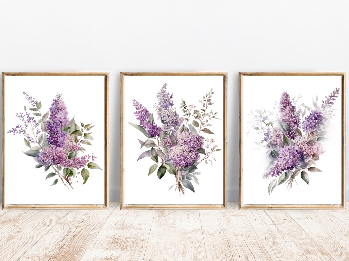 Purple Lilac Bouquet Watercolor Spring Floral Set of 3 Poster