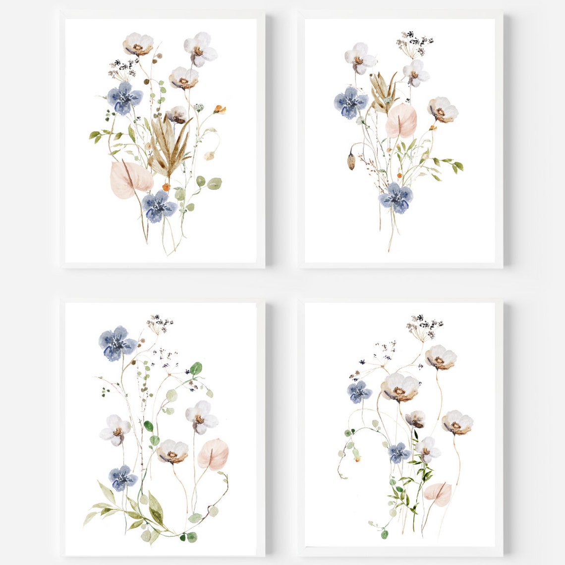 Watercolor Blue Wildflower Meadow Botanical Print Set Of Four