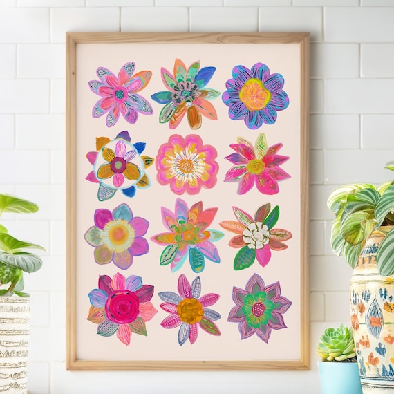 Twelve Hand Drawn Blooming Flowers Playful Botanical Art Poster