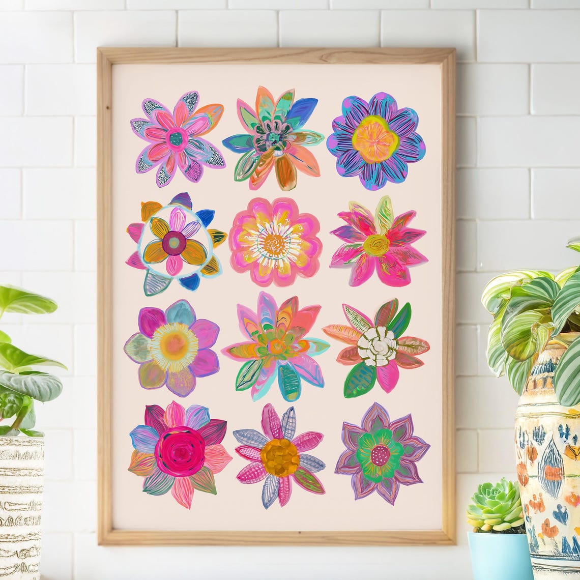 Twelve Hand Drawn Blooming Flowers Playful Botanical Art Poster