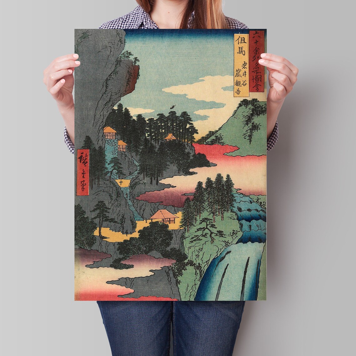 Hiroshige Tajima Temple Gorge Waterfall Japanese Woodblock Art Poster - Image 4
