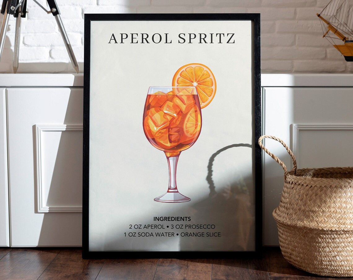 Aperol Spritz Classic Cocktail Recipe Illustration Elegant Bar Decor Poster