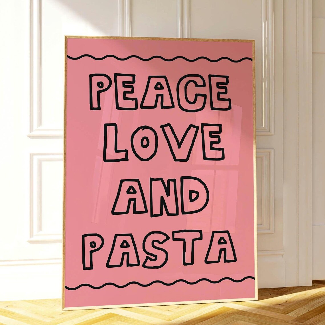 Peace Love And Pasta Hand Drawn Lettering Pink Kitchen Wall Poster