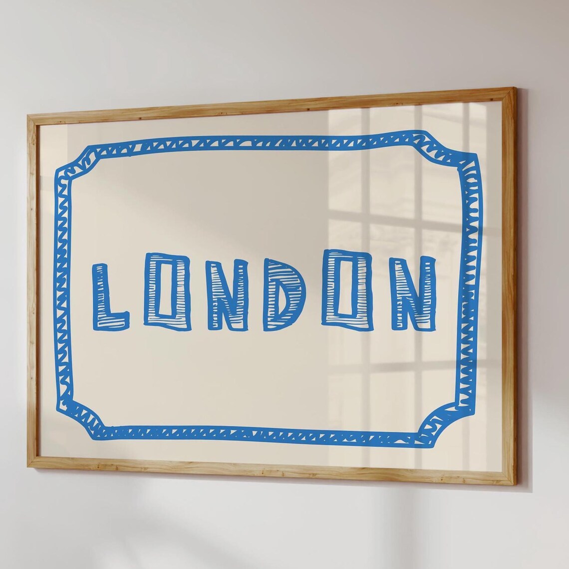 Blue London Hand Lettered Doodle Border Typographic Wall Art