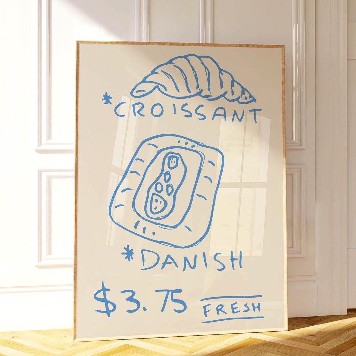French Croissant Danish Fresh Bakery Blue Line Art Kitchen Poster - Image 3