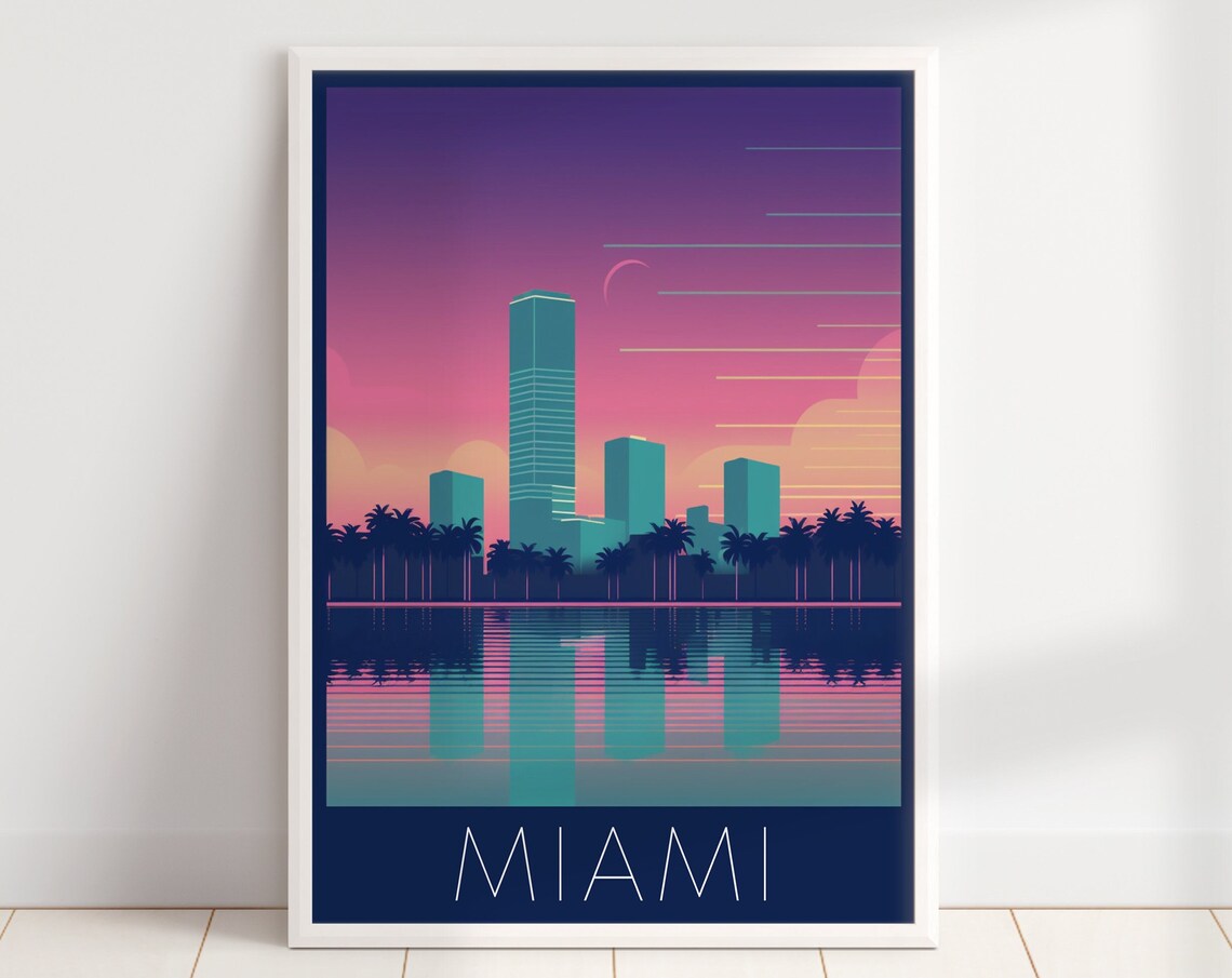 Miami Florida Retro Neon Sunset Skyline Palms Wave Travel Poster