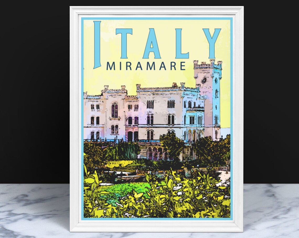 Miramare Castle Italy Coastal Palace Gardens Vintage Travel Poster