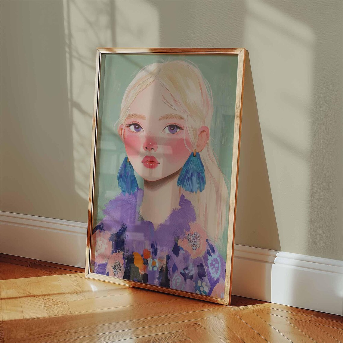 Maximalist Blonde Woman Portrait with Blue Tassel Earrings Print - Image 3