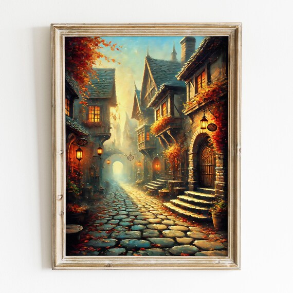 Golden Autumn Village Lane Cobblestones Glowing Windows Art Poster
