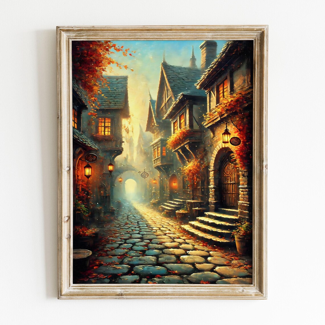 Golden Autumn Village Lane Cobblestones Glowing Windows Art Poster