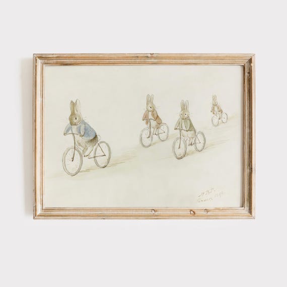 Beatrix Potter Biker Bunnies Vintage Illustration Benjamin Bunny And Friends On Bicycles Nursery Print Childrens Book Rabbit Art