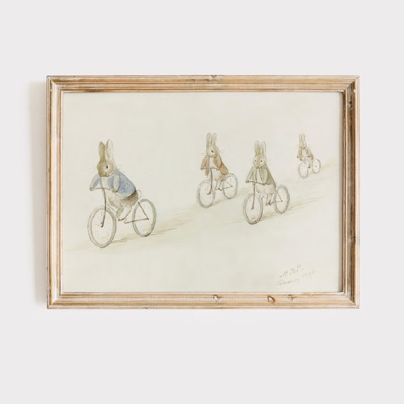 Bunny Rabbits Riding Bicycles Vintage Watercolor Nursery Art Poster