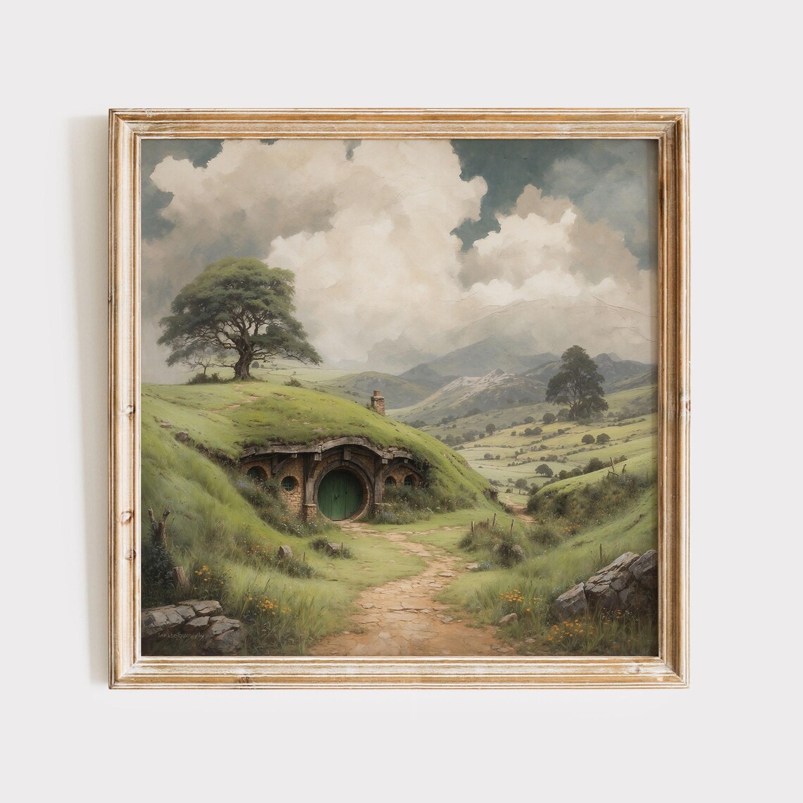 Green Hillside Round Door Fantasy Cottage Cozy Storybook Art Poster