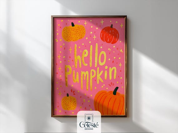 Autumn Wall Art Hello Pumpkin Quote Print Fall Seasonal Typography Artwork Kitchen Decor