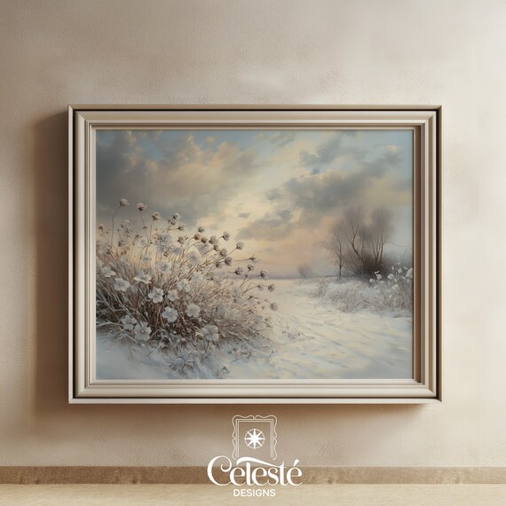 Vintage Snowy Winter Landscape Frosted Wildflowers Soft Morning Poster