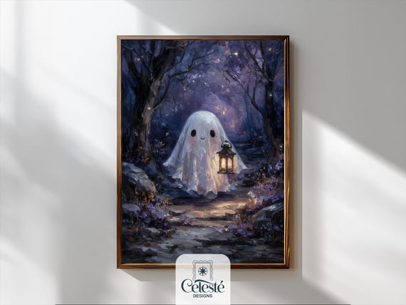 With Lantern In The Twilight Forest Cute Halloween Wall Art Soft Spooky Nursery Decor Kawaii