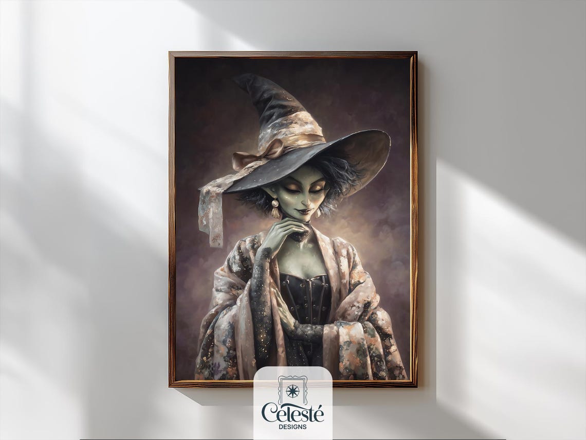 Elegant Green Witch Portrait With Black Hat Gothic Fantasy Wall Art