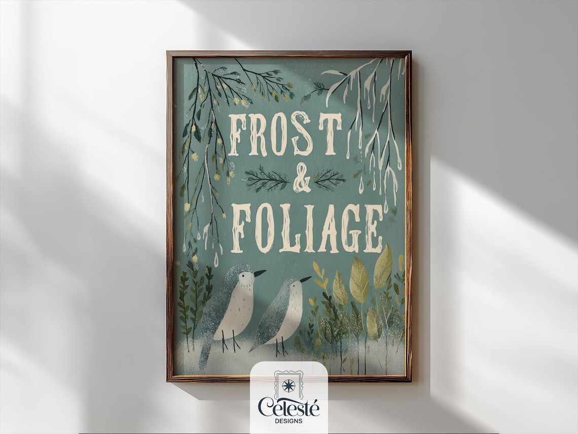 Frost And Foliage With Two Birds Teal Winter Typography Wall Print