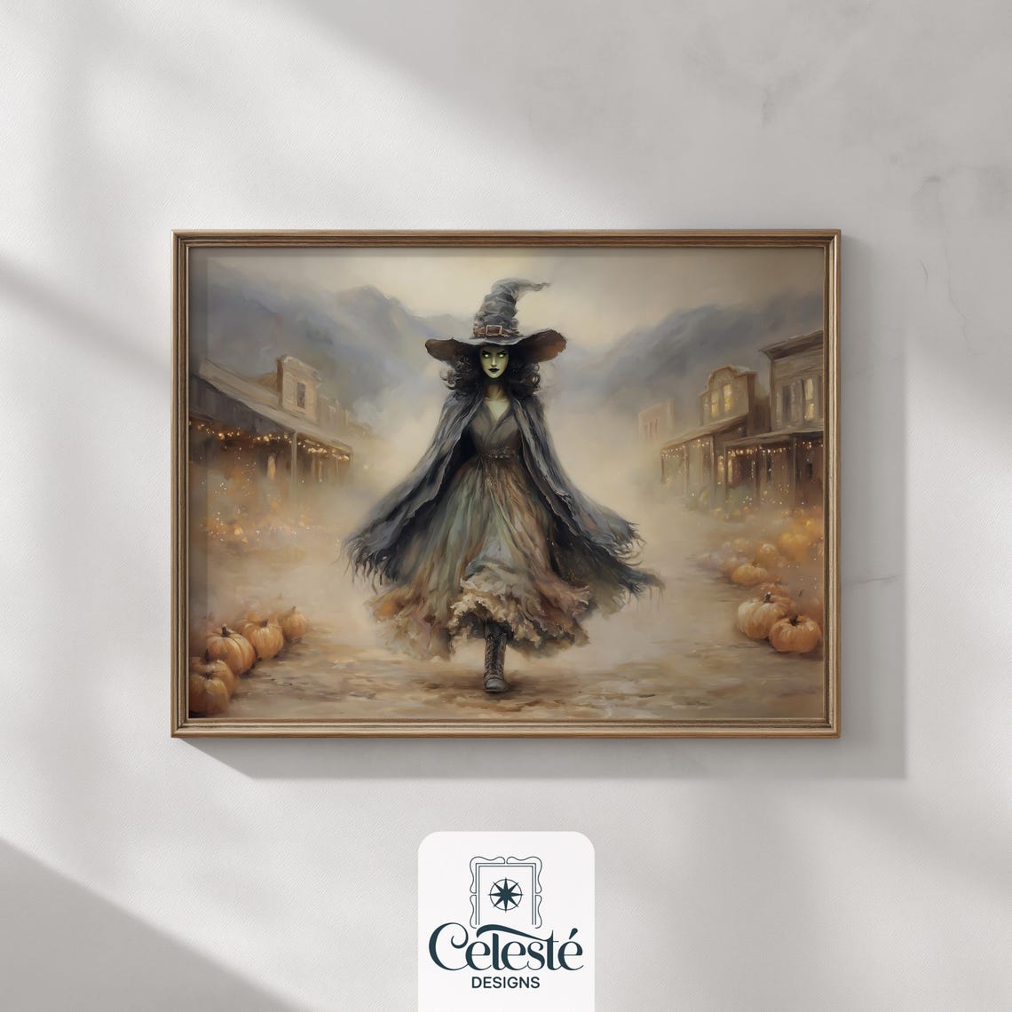 Green Witch Striding Through Western Town Halloween Fantasy Art Print