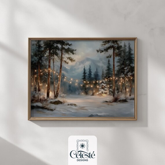 Snowy Pine Forest String Lights Winter Dusk Watercolor Wall Art