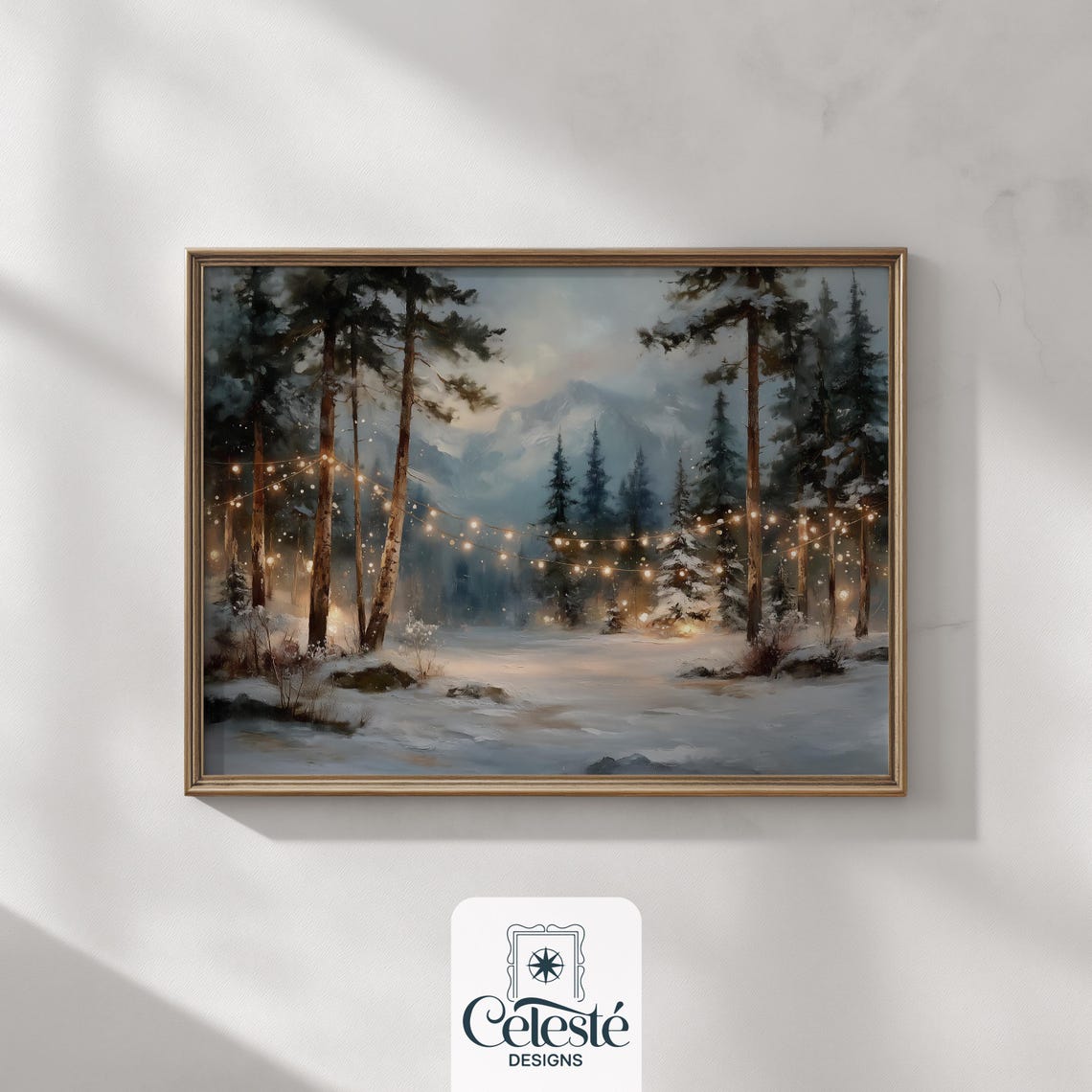 Snowy Pine Forest String Lights Winter Dusk Watercolor Wall Art