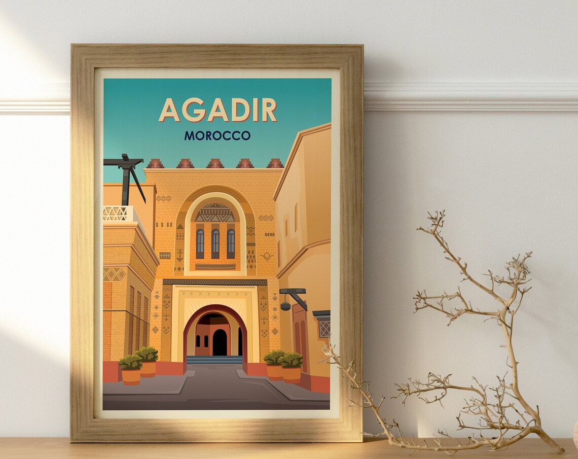 Agadir Morocco Vintage Travel Poster with Orange Archway Buildings